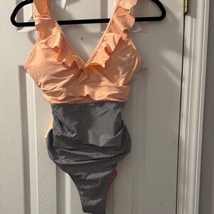 Ruffled Peach and Striped Swimsuit
